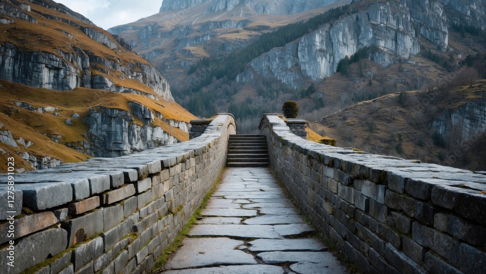 Poster scenic old stone bridge surrounded by majestic mountains with clear space for adding custom text