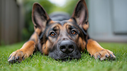 Obraz premium Dog Training Concept, A close-up of a German Shepherd lying on green grass, showcasing its attentive gaze and relaxed posture in a serene outdoor setting.