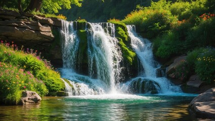 Obraz premium Serene Summer Waterfall Surrounded By Lush Greenery With Vibrant Flowers And Clear Water Ideal For Nature Themed Designs