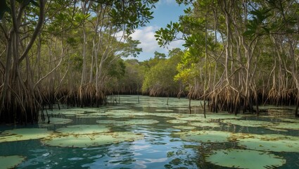Serene Mangrove Lagoon Landscape with Lush Greenery and Tranquil Waters Ideal for Nature Themes and Text Placement