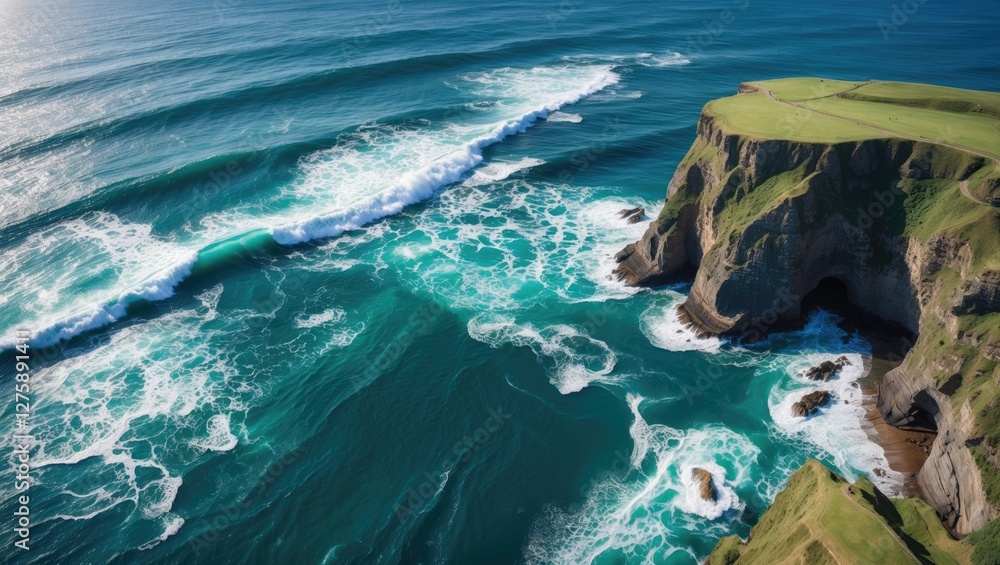 Poster aerial view of crashing waves against scenic cliffs and turquoise waters with lush greenery and open