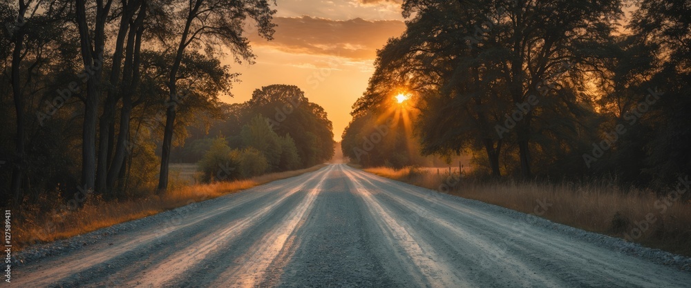 Aufkleber tranquil gravel road at sunset surrounded by trees with open space for text in a horizontal format