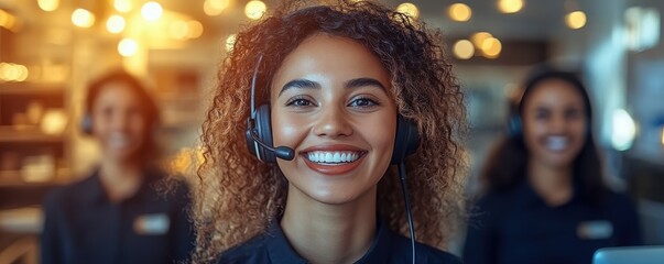 Fototapeta premium Smiling Customer Service Representative with Headset in Call Center