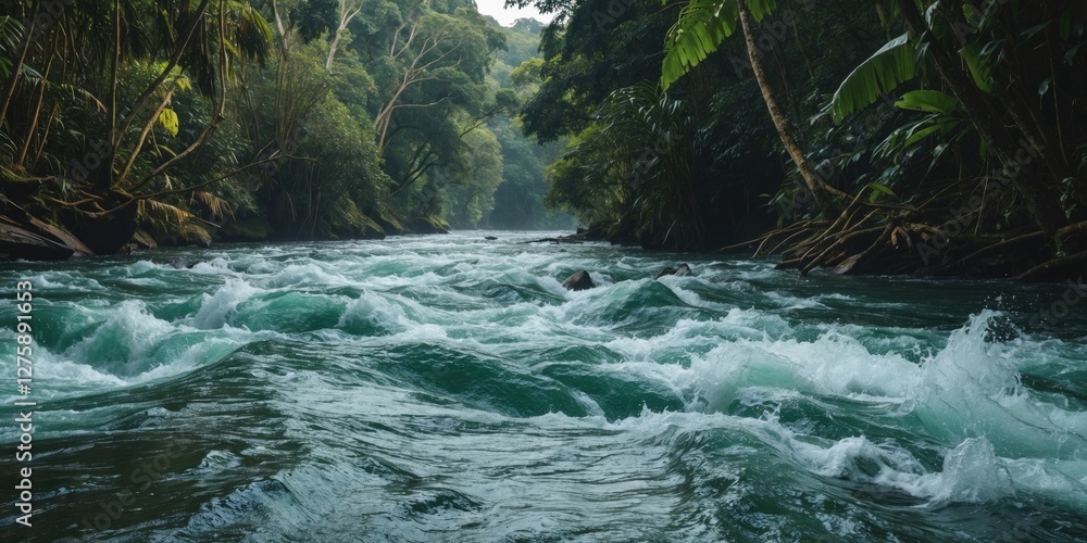 Poster turbulent river flowing through lush jungle with blank space for text or graphic elements