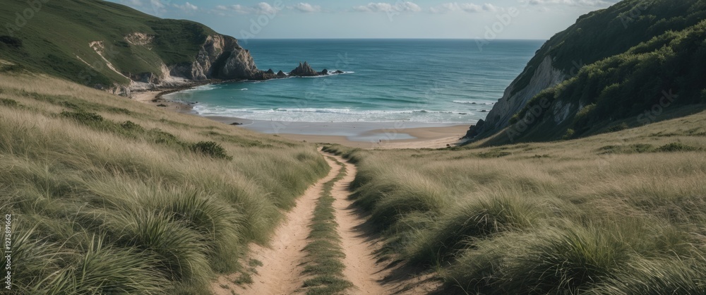 Poster scenic pathway leading to a serene beach with lush greenery and empty space for custom text overlay