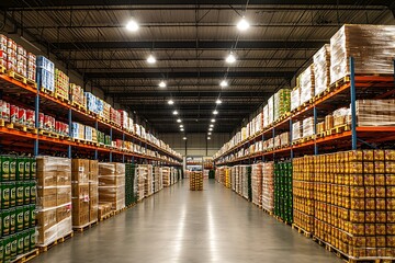 Spacious food storage warehouse with clean aisles, ideal for showcasing efficient organization and inventory management.