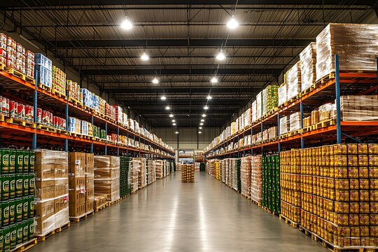 Spacious food storage warehouse with clean aisles, ideal for showcasing efficient organization and inventory management.