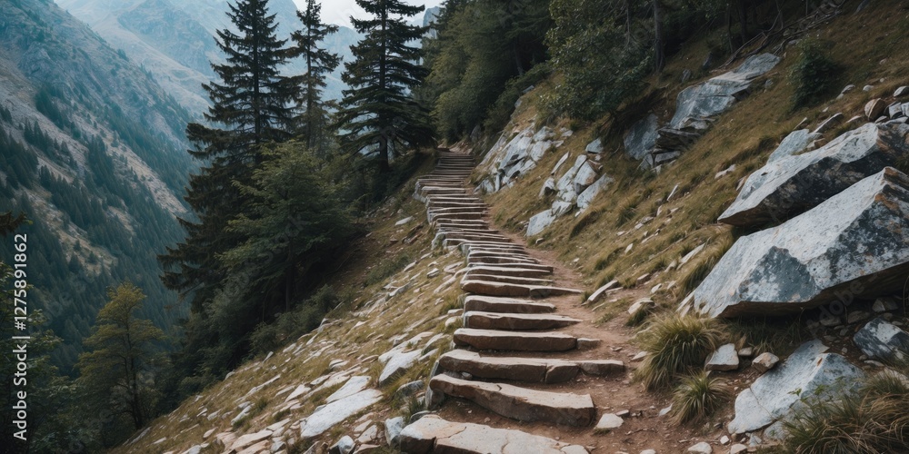 Poster mountain pathway through forest featuring stepped descent and scenic view with room for text overlay