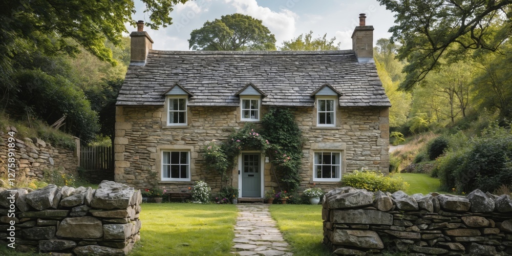 Poster charming stone cottage surrounded by lush greenery with open space for text display