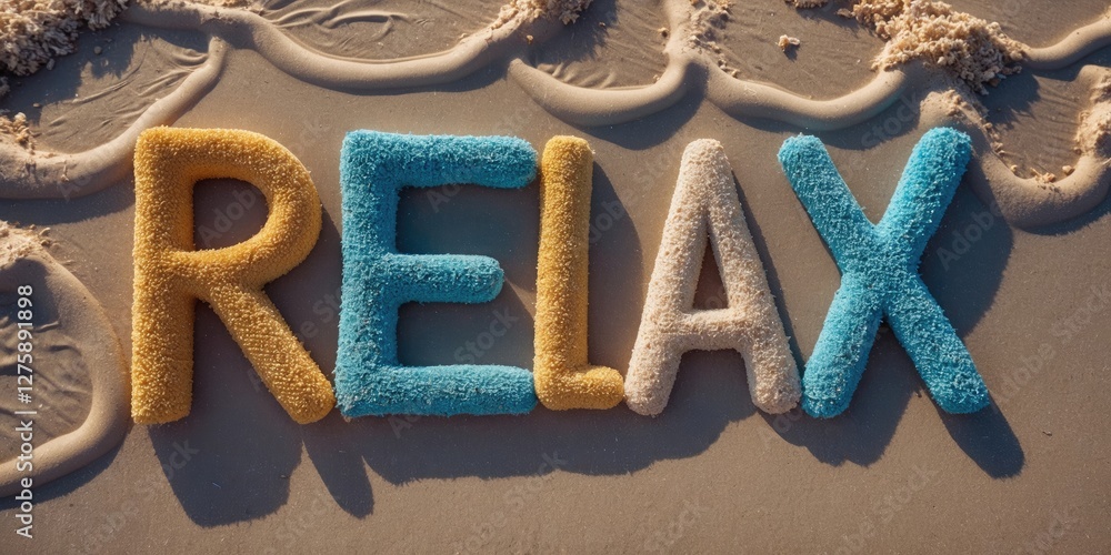 Aufkleber relaxing beach concept with colorful text on sandy shore and space for creative input