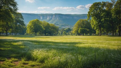 Naklejka premium Serene Meadow in Public Park Surrounded by Lush Trees and Scenic Valley Under Bright Summer Sky
