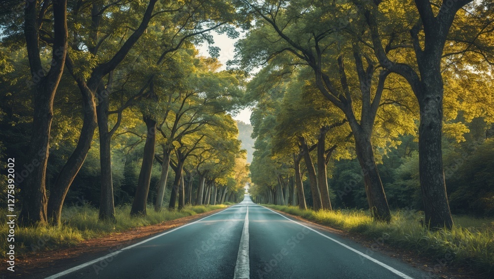 Poster scenic view down a leafy tree lined road with soft morning light and space for text or branding