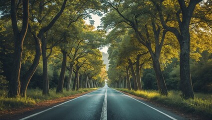 Obraz premium Scenic View Down a Leafy Tree Lined Road with Soft Morning Light and Space for Text or Branding