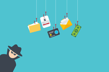 Hacker with laptop computer stealing confidential data, personal information and credit card detail. Hacking concept.