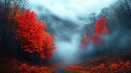 Autumn fog in misty forest road