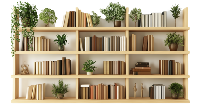 3D rendering of different wooden bookshelves with books and plants, isolated on a white background
