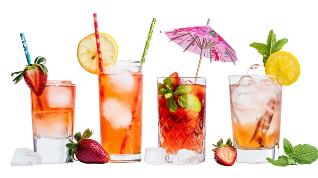 Set of 0range cocktails, transparent background, in different glasses with decoration and straws, with ice cubes