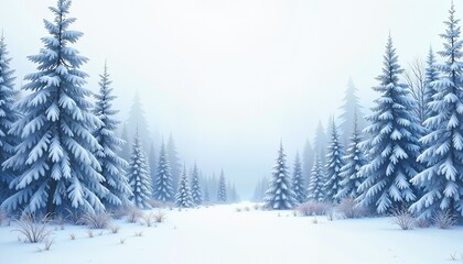 Naklejka premium Snow-covered pine trees in winter landscape.