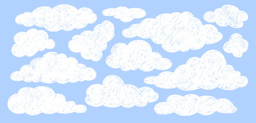Crayon White Clouds Vector Set. Hand Drawn Chalk Pastel Kid Illustrations