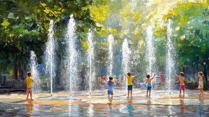 Children Playing in Water Fountain During Summer Day in Park