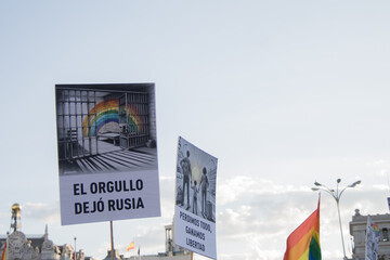 Gay pride manifestation in Madrid, summer, sunny day, lesbians, bisexuals, LGTBI