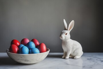 Easter still life with white rabbit figurine, blue and red eggs in bowl on marble table 