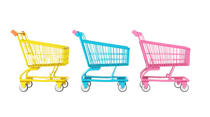 3 shopping carts in different colors - pink, yellow, and blue - on a transparent background, in a clip art style, isolated on the left side of an empty space