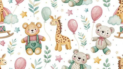 Surreal Watercolor Animal Toys Nursery Wall Art, Kids Room Decor, Whimsical Children's Pattern