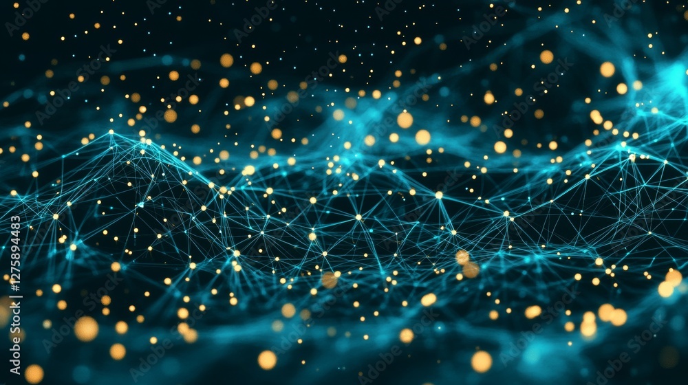 Poster abstract turquoise data visualization, golden connected nodes, network pattern, perspective.