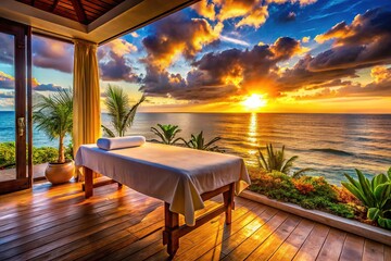 Obraz premium Luxurious Massage and Spa Bed at Beachfront Hotel with Stunning Seascape View