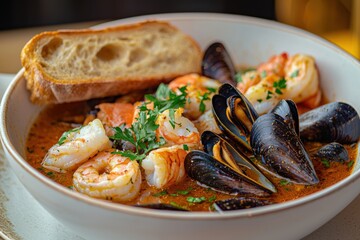 A delectable seafood stew featuring succulent shrimp, fresh mussels, and a slice of crusty bread, simmered in a rich and flavorful broth, garnished with fresh parsley.