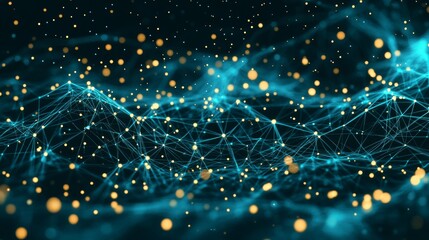 Abstract Turquoise Data Visualization, Golden Connected Nodes, Network Pattern, Perspective.