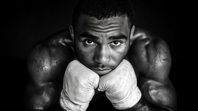 Intense portrait of a male boxer resting with gloves on, black and white photography