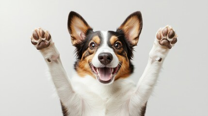 Fototapeta premium Dog Training Concept, Cheerful dog with raised paws, expressing excitement and joy against a neutral background.