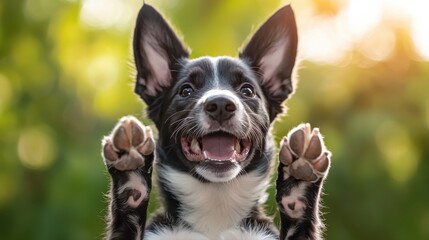 Fototapeta premium Dog Training Concept, A happy dog with raised paws, enjoying a sunny outdoor setting, exuding joy and playfulness.