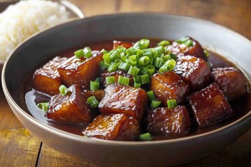 Close-up of delicious braised pork belly with scallions, a traditional dish served in a dark bowl, alongside a portion of white rice, on a wooden table.