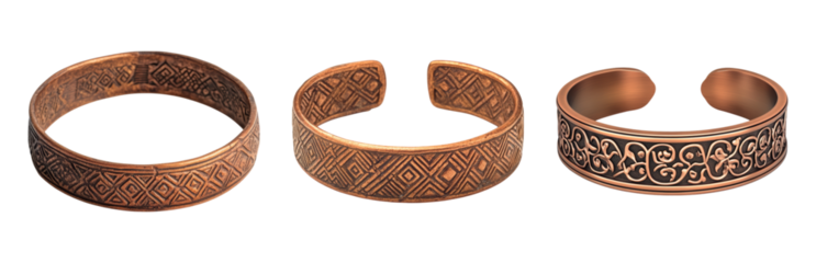 Elegant Copper Bracelets with Intricate Designs Isolated on transparent background