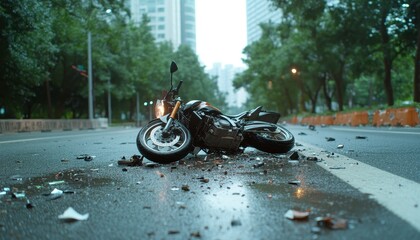 A motorcycle lies wrecked on the slick asphalt after a devastating road accident, its chrome gleaming dully under the overcast sky The street is scattered with debris, a testament to the violent