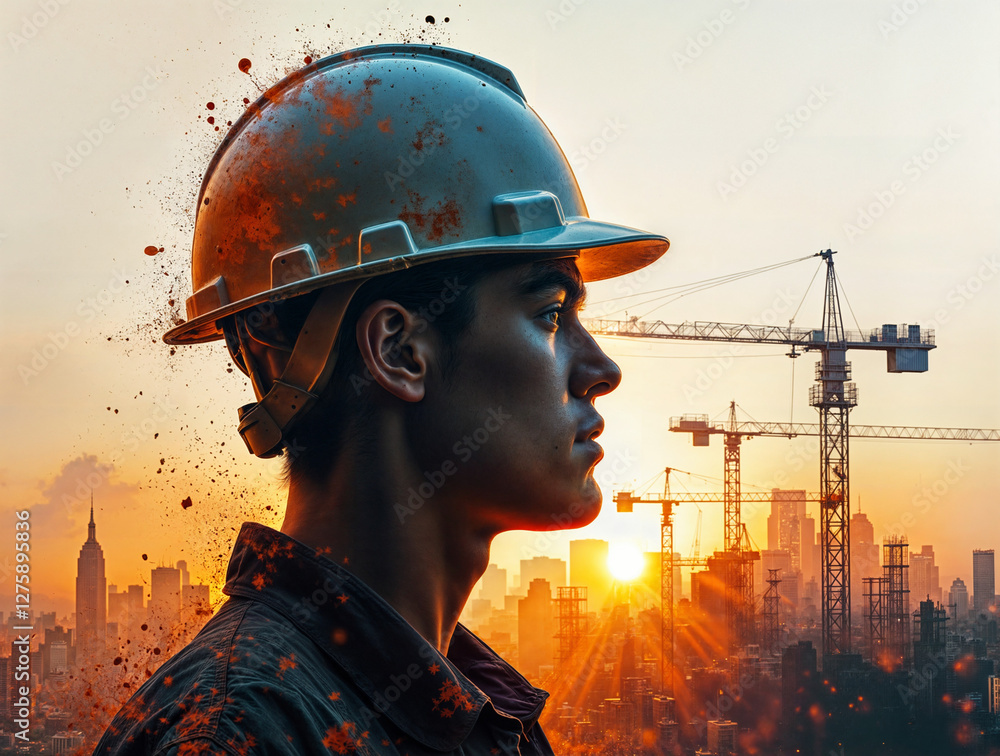 Poster bright surreal portrait of a builder in a helmet against the background of a construction site . gen