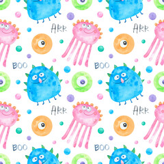 Seamless Pattern cartoon funny monster watercolor. Monster party, colorful monsters, aliens, illustration print. Cute Cartoon Monsters  background. For digital paper, textile, fabric, wallpaper. 