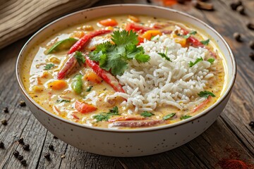 A close-up of creamy vegetable curry with rice, featuring red peppers, carrots, cilantro, and other fresh ingredients, served in a bowl on a rustic wooden table, displaying a delicious meal.