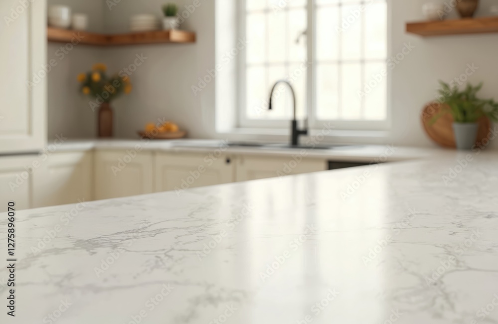 Poster empty kitchen with white stone countertop. marble surface with blur background. copy space table. mo