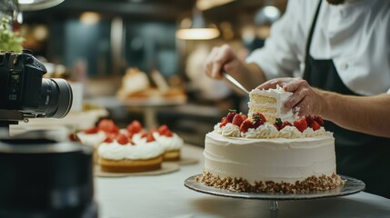Video generation for a chef decorating a cake in a bakery. Featuring creativity and precision
