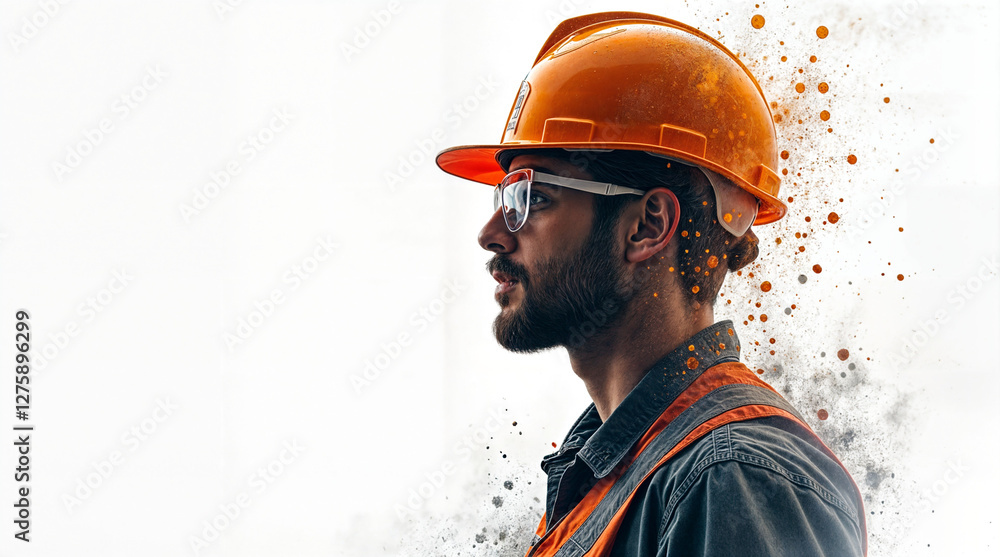 Poster bright surreal portrait of a builder in a helmet against the background of a construction site . gen