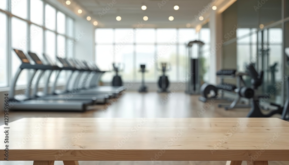 Poster empty desk space with blurred background of fitness gym for product display montage. wooden table su