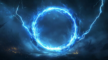 Blue neon 3d magic light glow effect on circle portal. Abstract vector ring energy flare. Isolated teleport radial electric frame with sparkle and steam. Mysterious circular fire luminous with smoke