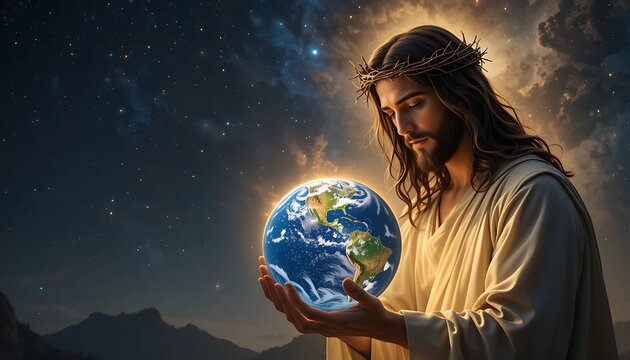 Naklejki Jesus Christ Holding Earth in His Hands Divine Savior of Humanity