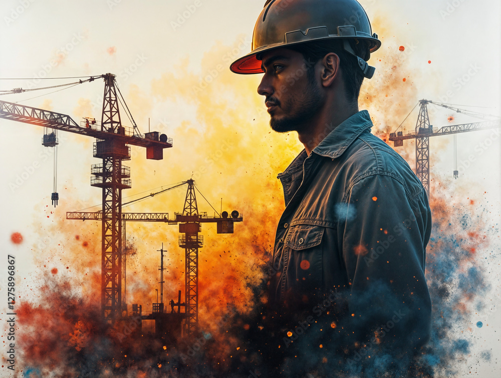 Poster bright surreal portrait of a builder in a helmet against the background of a construction site . gen