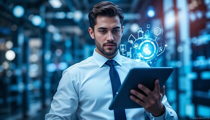 Businessman using digital tablet with futuristic holographic interface technology