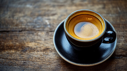 Aromatic espresso shot on wooden table, perfect for morning boost and cafe promotion